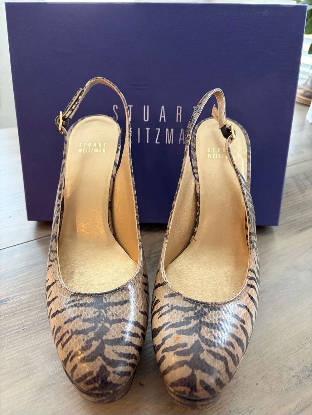 Stuart Weitzman Tan and Black Tiger-Print Slingback Pumps